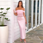 Damen elegantes schulterfreies Abendkleid mit figurformender Raffung und Satin-Finish EB