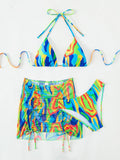 Damen Buntes Triangel-Bikini-Set mit transparentem Rock R&B