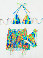 Damen Buntes Triangel-Bikini-Set mit transparentem Rock R&B