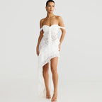 Damen asymmetrisches Spitzenkleid mit Rüschendetails R&B