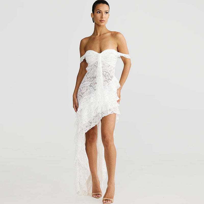 Damen asymmetrisches Spitzenkleid mit Rüschendetails R&B