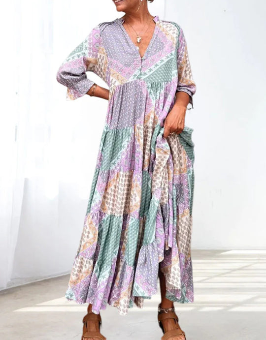 Damen nan luftiges Maxikleid im Patchwork-Boho-Stil mit V-Ausschnitt, gerafftem Oberteil und ausgestelltem Stufensaum R&B