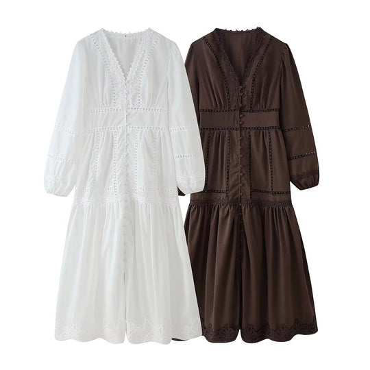Damen Maxikleid mit eleganten Rüschendetails und femininem V-Ausschnitt R&B