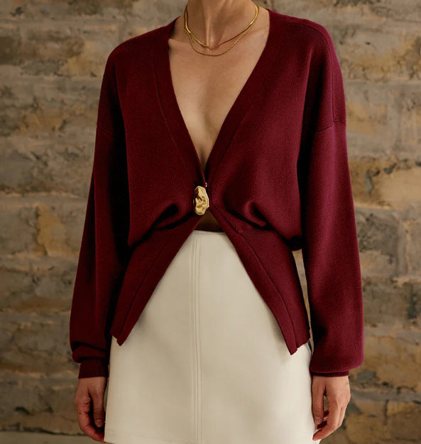 Damen Eleganter und lässiger Cardigan mit tiefem Ausschnitt und Schmuckknopf R&B