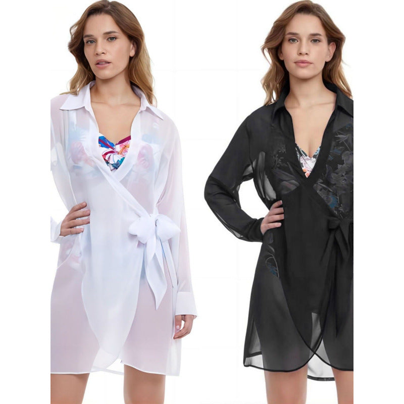 Damen Strandüberwurf mit elegantem Wickeldetail und transparentem Stoff R&B