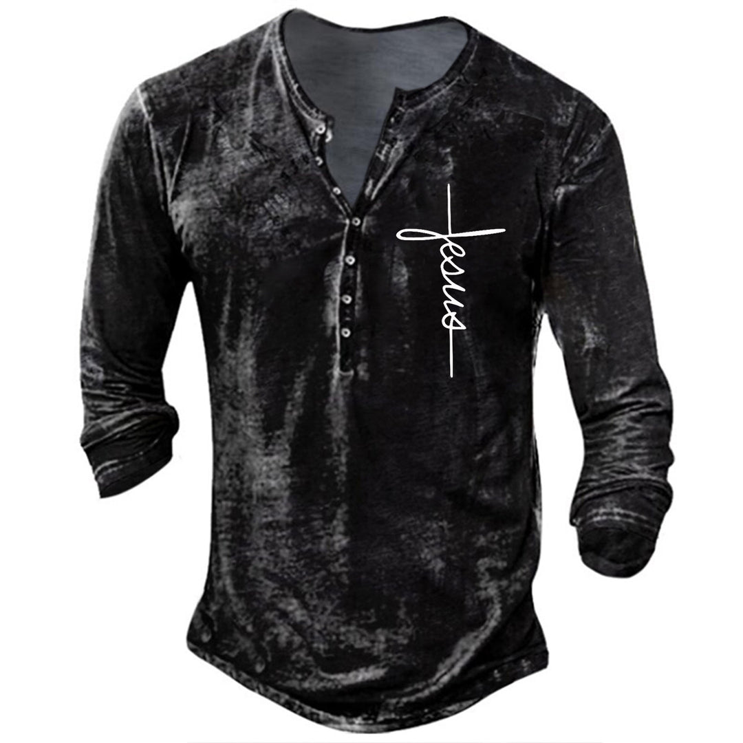 Herren Langarm Henley-Shirt mit kreativem Grafikdruck R&B