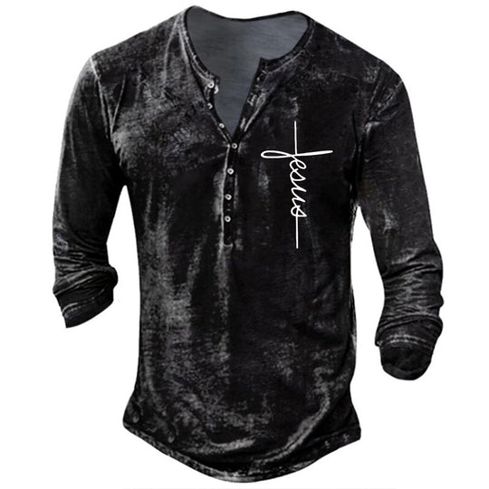 Herren Langarm Henley-Shirt mit kreativem Grafikdruck R&B