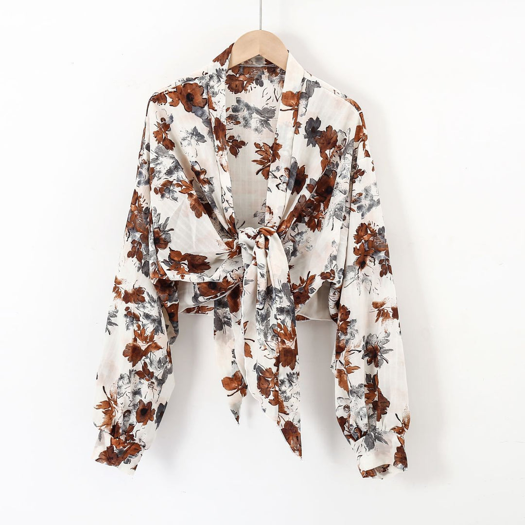Damen nan florale Knoten-Bluse im Wickelstil mit Ballonärmeln und leichter Leinenoptik R&B