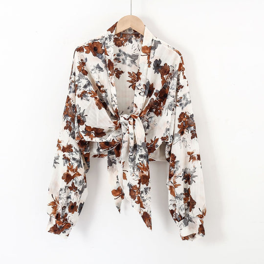 Damen nan florale Knoten-Bluse im Wickelstil mit Ballonärmeln und leichter Leinenoptik R&B