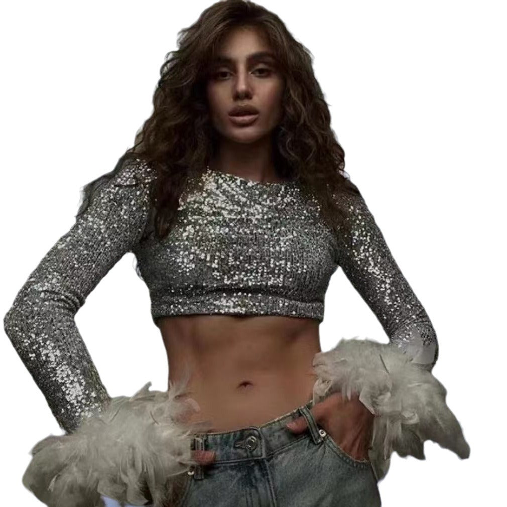 Damen Cropped Oberteil mit funkelndem Paillettenbesatz und fluffigen Ärmelbündchen R&B