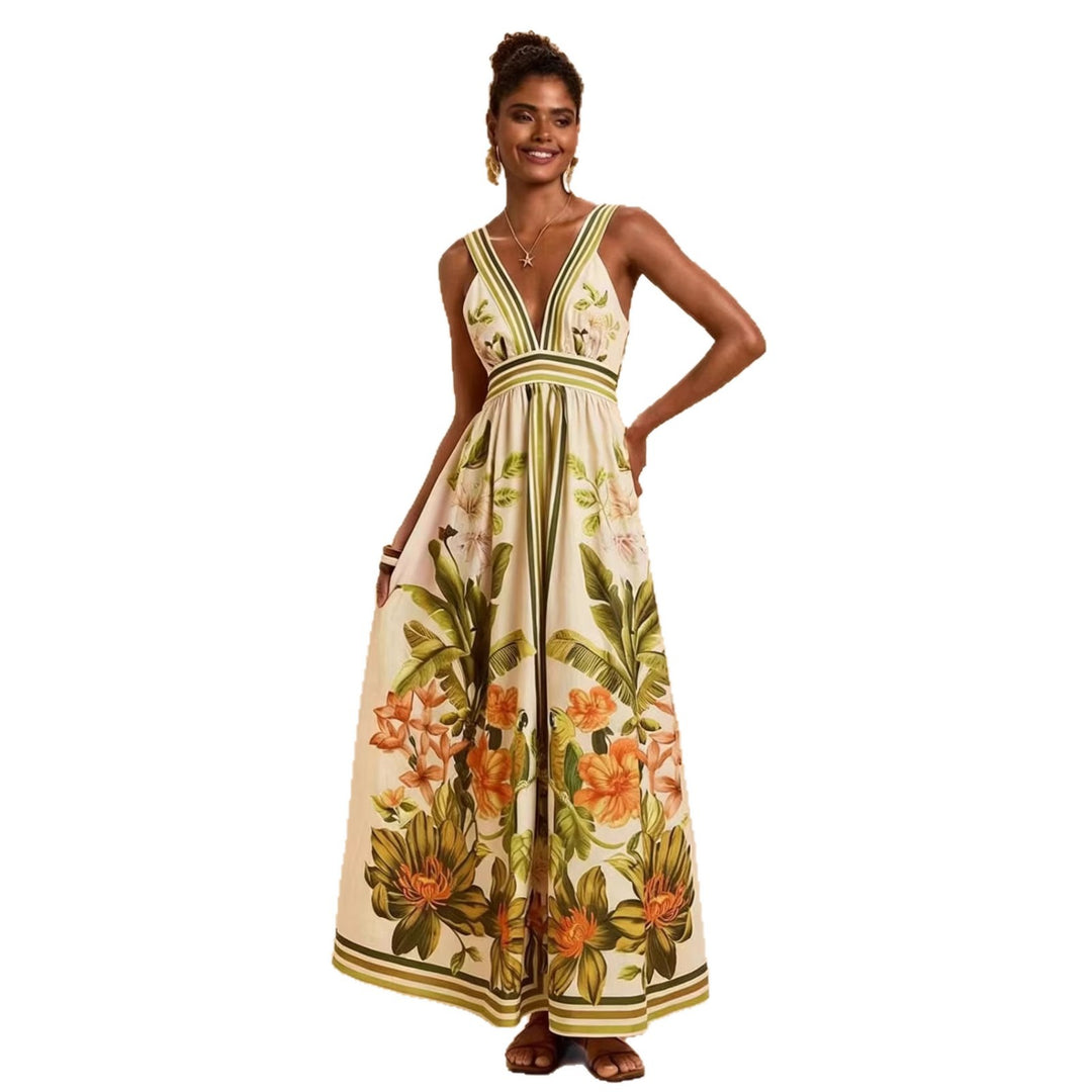 Damen Maxikleid mit tiefem V-Ausschnitt und floralem Design R&B