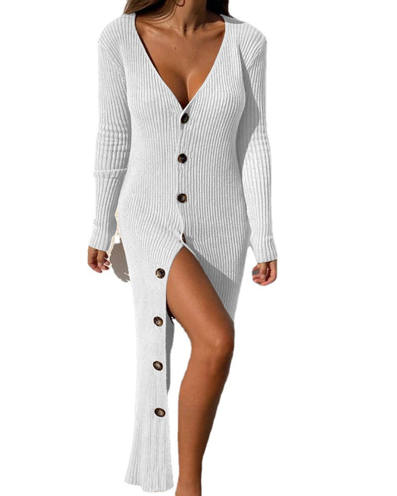 Damen Langer Strickkleid mit tiefem V-Ausschnitt und Knopfdetails R&B