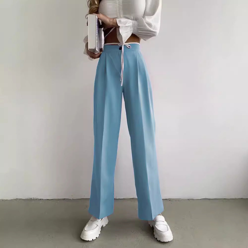 Damen weite klassische Hose mit hohem Bund und praktischen Bindegurten R&B