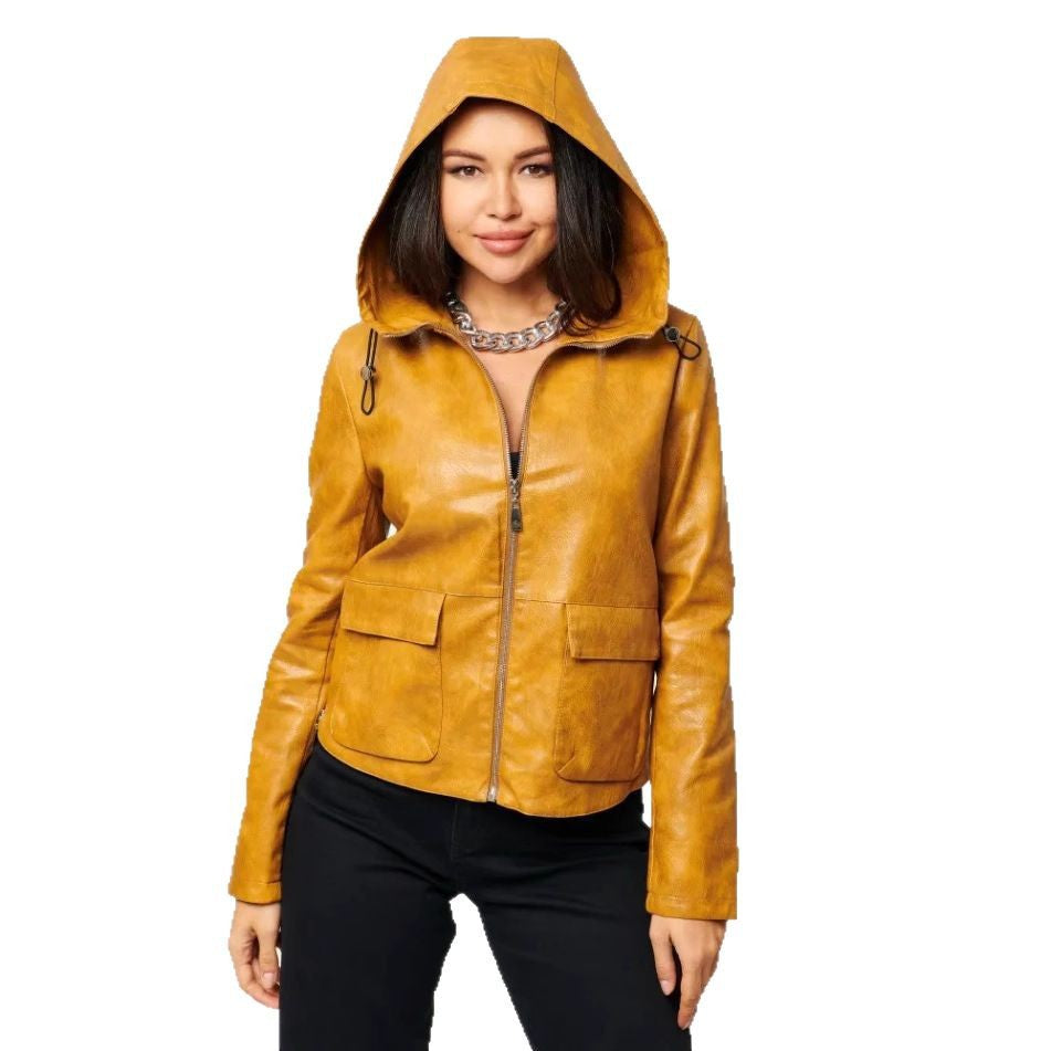 Damen Kunstlederjacke mit angeschnittenem Hoodie und praktischen Taschen R&B