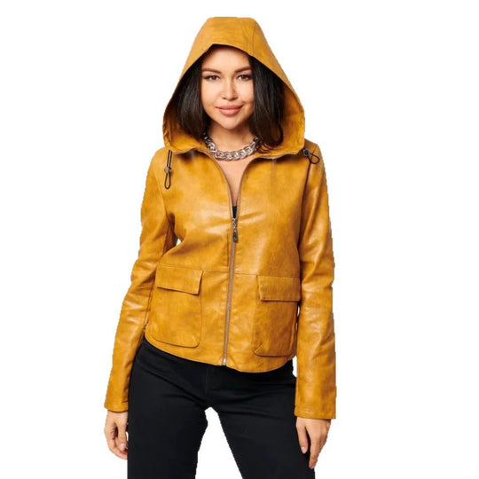 Damen Kunstlederjacke mit angeschnittenem Hoodie und praktischen Taschen R&B