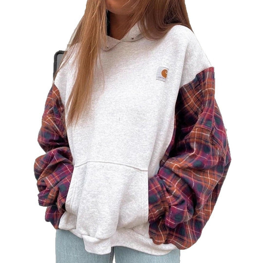 Damen nan oversized Kapuzenpullover mit karierten Flanellärmeln und Kängurutasche R&B