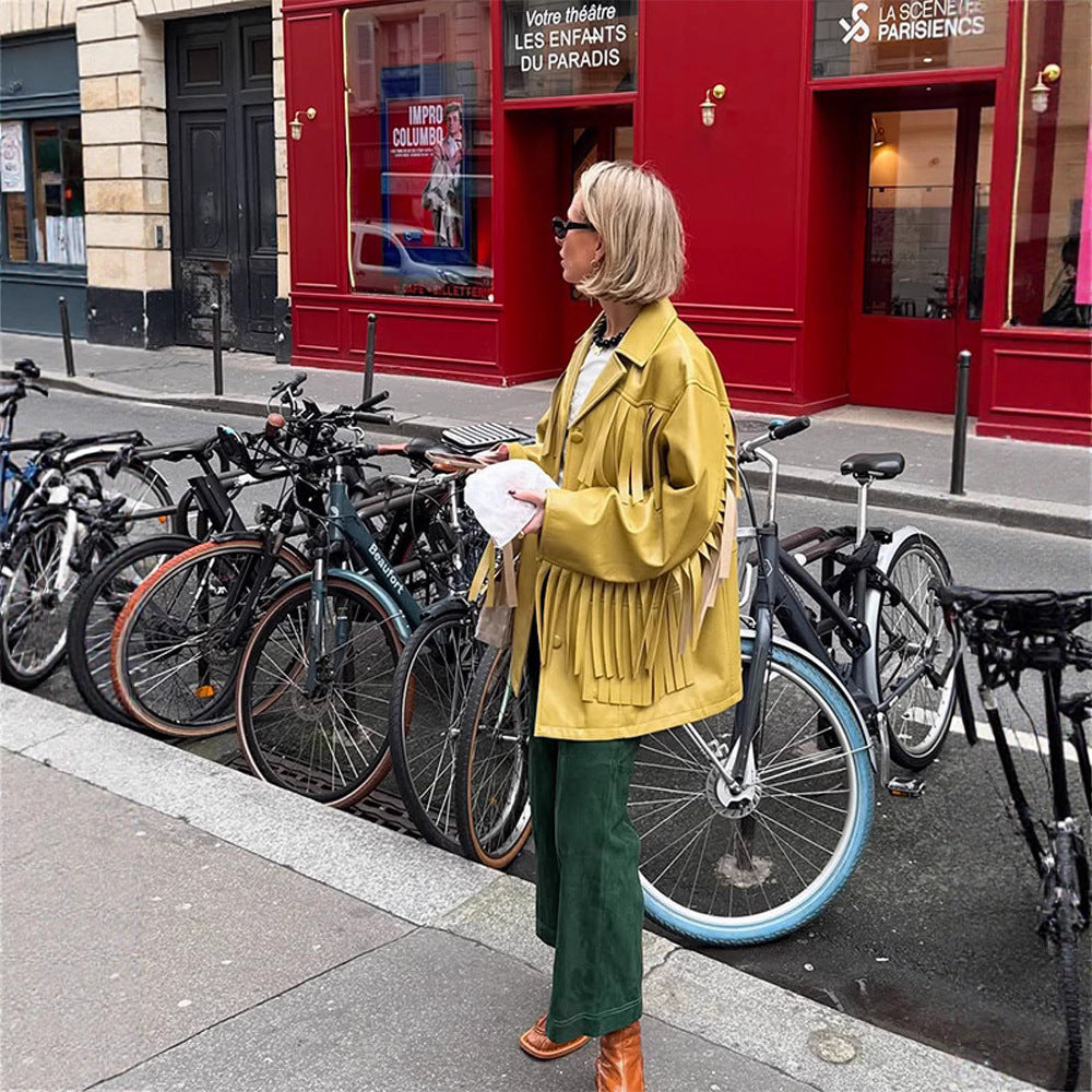 Damen Kunstlederjacke mit Fransen und praktischen Taschen R&B