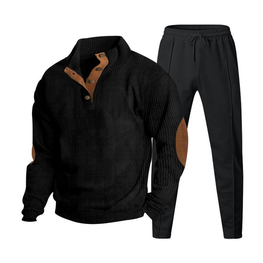 Herren nan gerippter Henley-Freizeitanzug mit dekorativer Knopfleiste und Wildleder-Ellenbogenpatch konisch geschnittene Jogginghose R&B