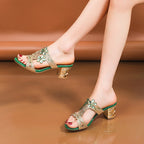 Damen Offene Mules mit verzierenden Blumen und komfortablem Blockabsatz R&B