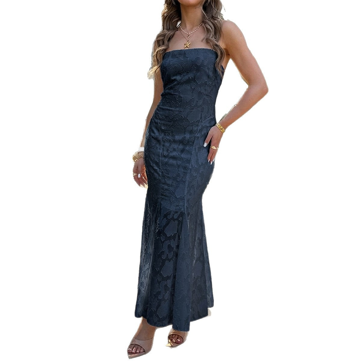 Damen Maxikleid mit verführerischem Cross-Back Design und elegantem Spitzeneinsatz R&B