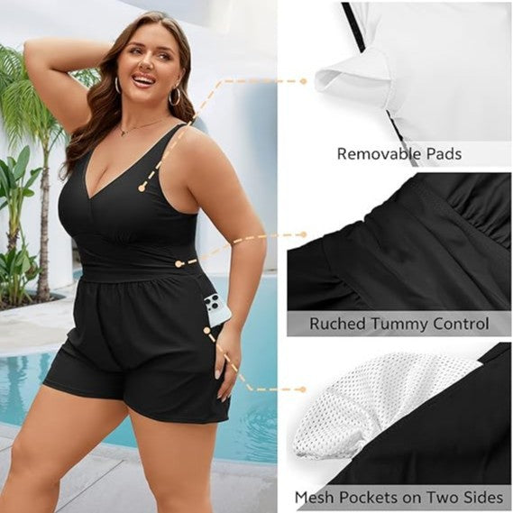 Damen Playsuit mit tiefem V-Ausschnitt und seitlichen Taschen R&B