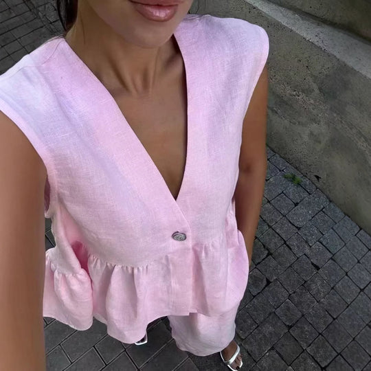 Damen elegantes Leinen-Outfit mit schickem Oberteil und weiten Hosen R&B