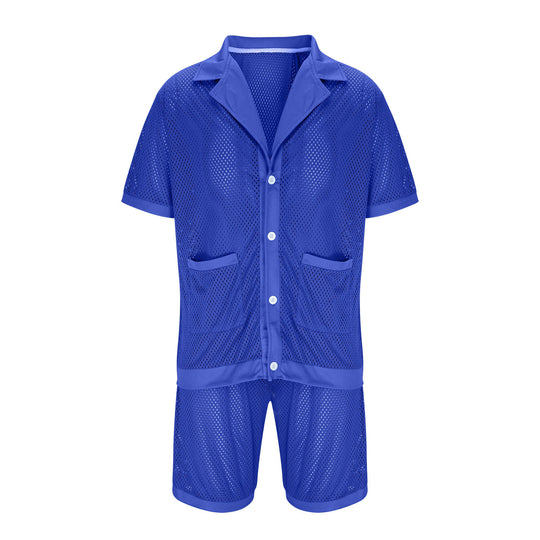 Damen Luftiges Netz-Pyjama-Set mit praktischen Taschen und Knopfleiste R&B