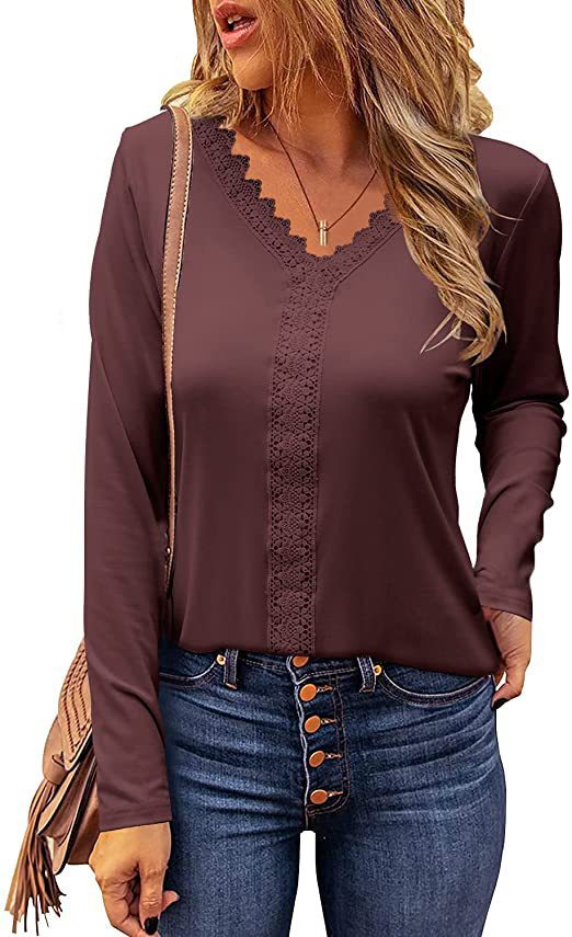 Damen elegantes V-Ausschnitt Longsleeve-Shirt mit Spitzenbesatz R&B