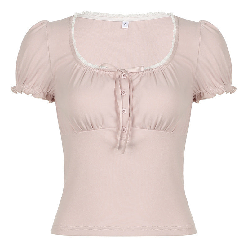 Damen Kurzarmshirt mit dekorativen Rüschendetails und Knopfleiste R&B