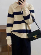 Damen Grob gestrickter Pullover mit modernem Streifenmuster und V-Ausschnitt