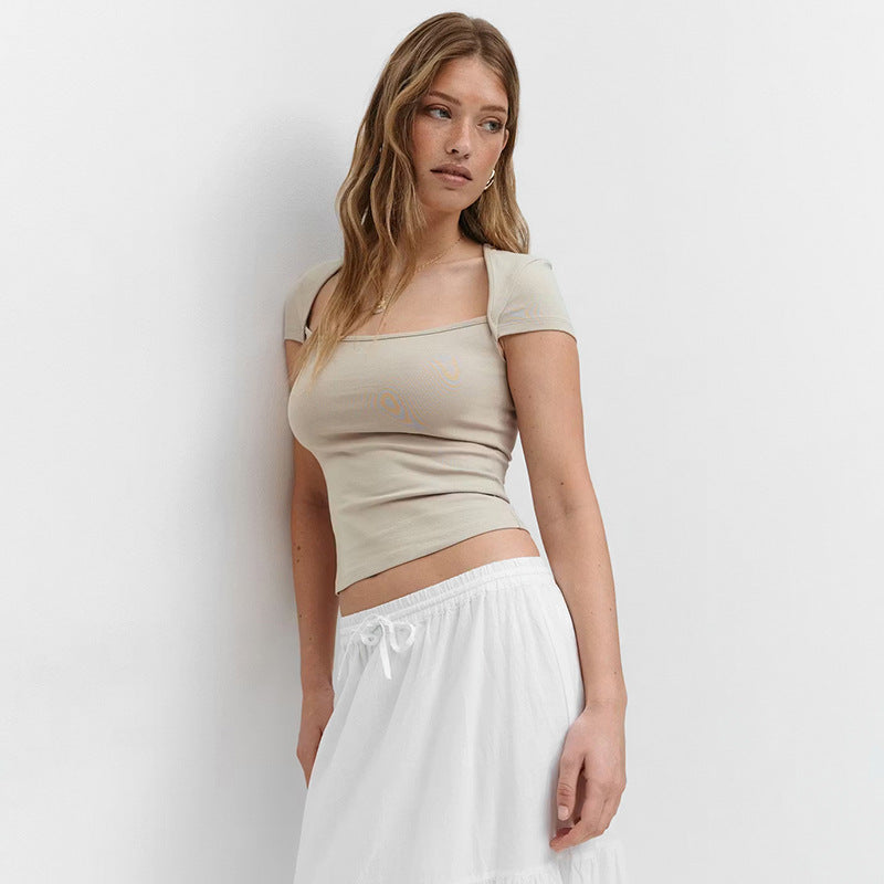 Damen Figurbetontes Kurzarmshirt mit quadratischem Ausschnitt und elastischem Material R&B