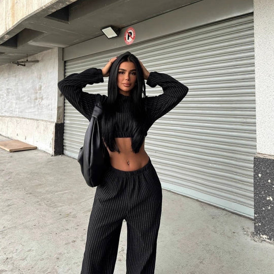 Damen modisches Streifen-Set mit cropped Oberteil und weit geschnittenen Hosen R&B