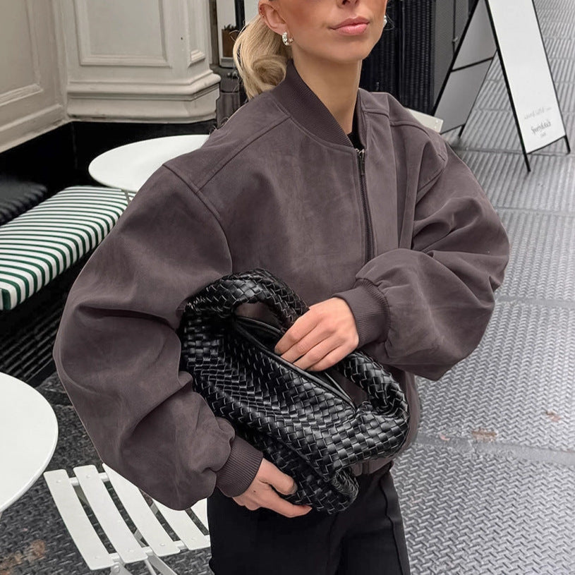 Damen Oversized Bomberjacke mit voluminösen Ärmeln und Stehkragen R&B