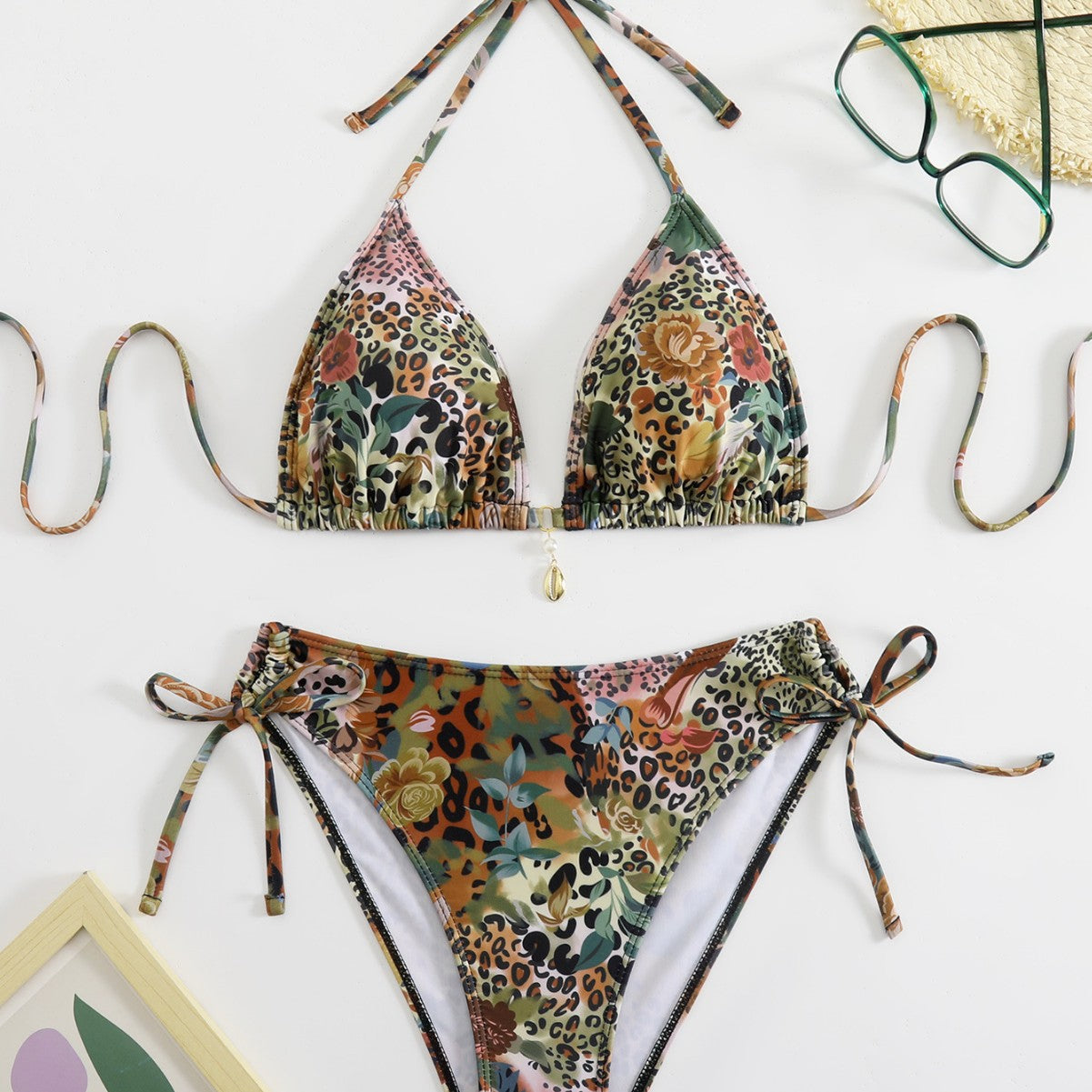 Damen Triangel-Bikini-Set mit floralem Leopardenmuster R&B