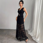 Damen nan zweiteiliges Abend-Set mit taillierter Weste und bodenlangem Spitzen-Overlay-Rock R&B