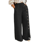 Damen Weite Leinenhose mit seitlichen Knöpfen und hoher Taille R&B