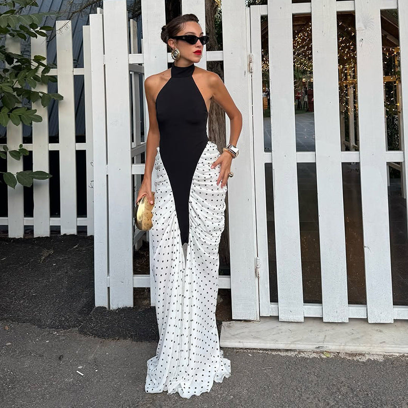 Damen elegantes langärmliges Kleid mit hochgeschlossenem Design und grafischem Punkte-Muster R&B