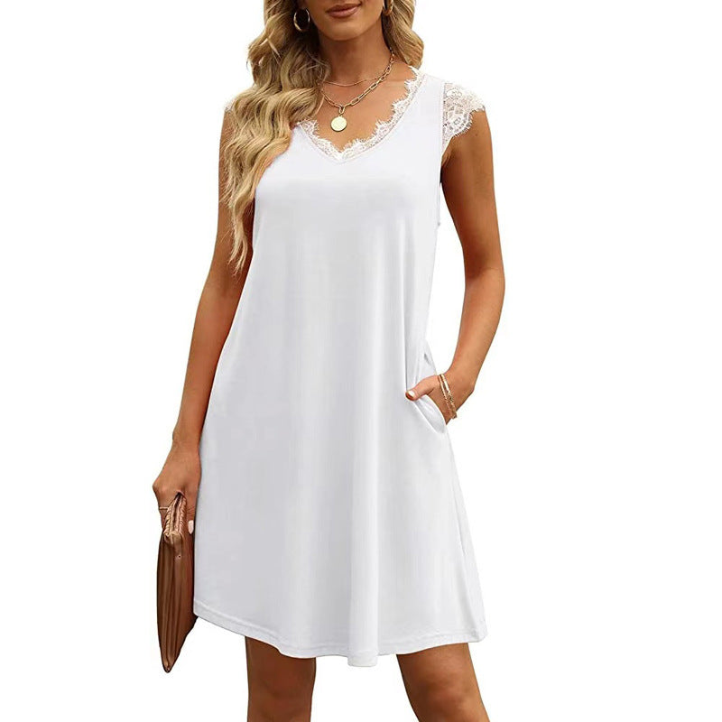 Damen ärmelloses Kleid mit Spitzendetail und seitlichen Taschen R&B