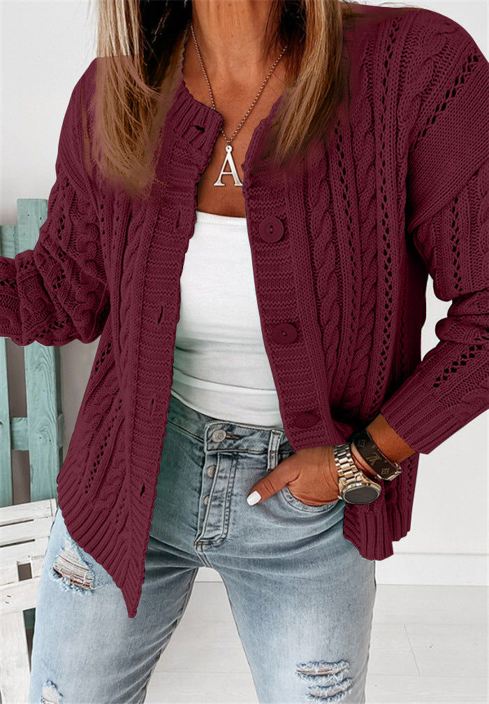 Damen modische Strickjacke mit Zopfdesign und großen Knöpfen R&B