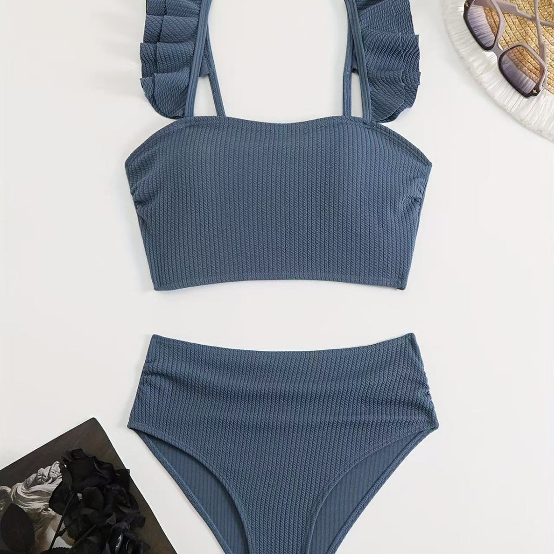 Damen Hochgeschnittenes Badeoberteil mit Rüschendetails und passendem Bikini-Unterteil R&B