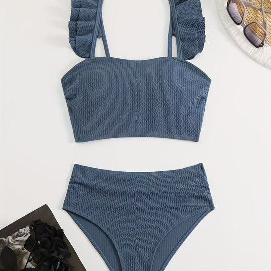 Damen Hochgeschnittenes Badeoberteil mit Rüschendetails und passendem Bikini-Unterteil R&B