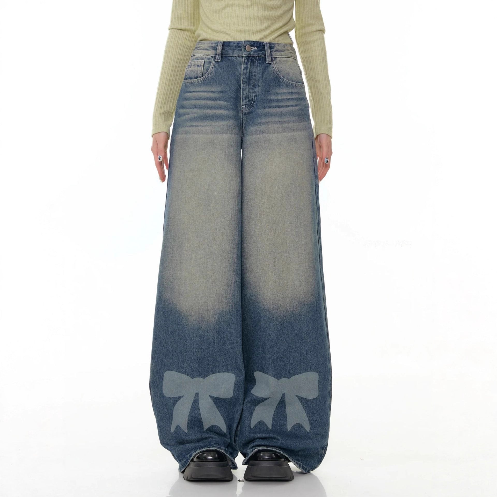 Damen Weite Jeans mit dekorativen Schleifendetails