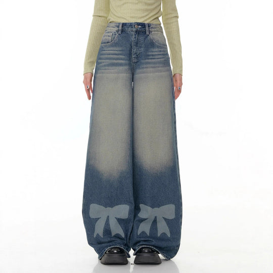 Damen Weite Jeans mit dekorativen Schleifendetails