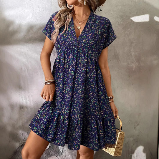 Damen Freizeitkleid mit voluminösem Rock und V-Ausschnitt R&B