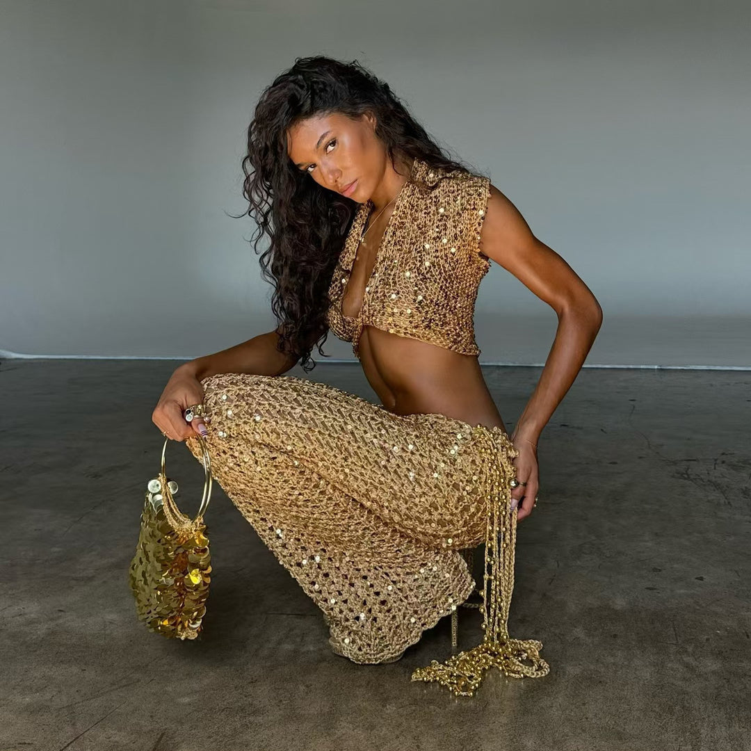 Damen Glitzerndes Festival-Outfit mit kurzem Rock und Bandeau-Oberteil R&B