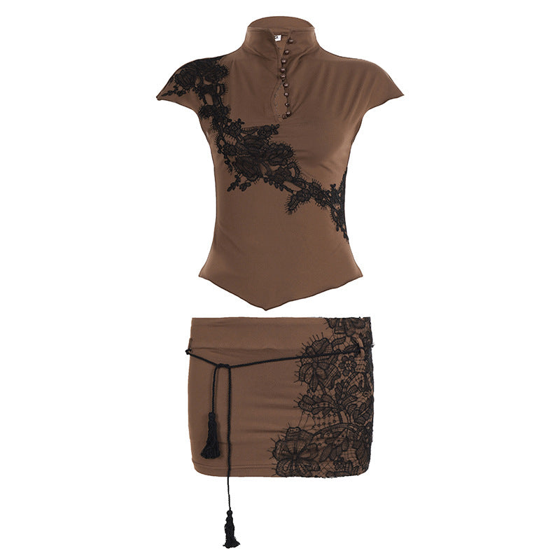 Damen Elegantes Poloshirt mit Spitzenapplikation und Knopfdetails R&B