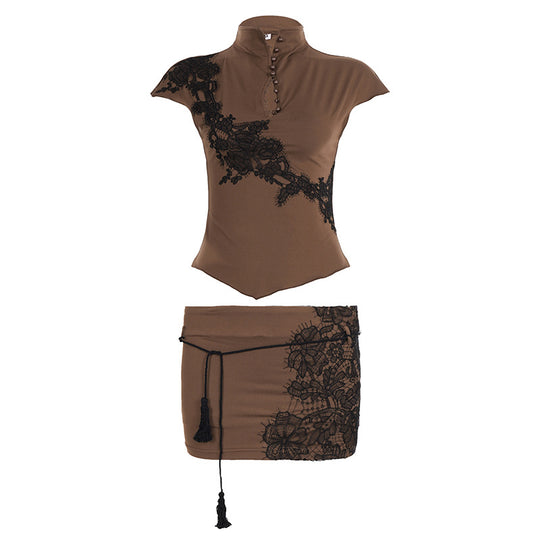 Damen Elegantes Poloshirt mit Spitzenapplikation und Knopfdetails R&B