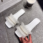 Damen Modische Slide-Sandalen mit Perlenverzierung und Tüll-Applikationen R&B