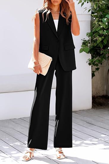 Damen ärmelloses Blazer-Set mit weit geschnittenen Hosen R&B