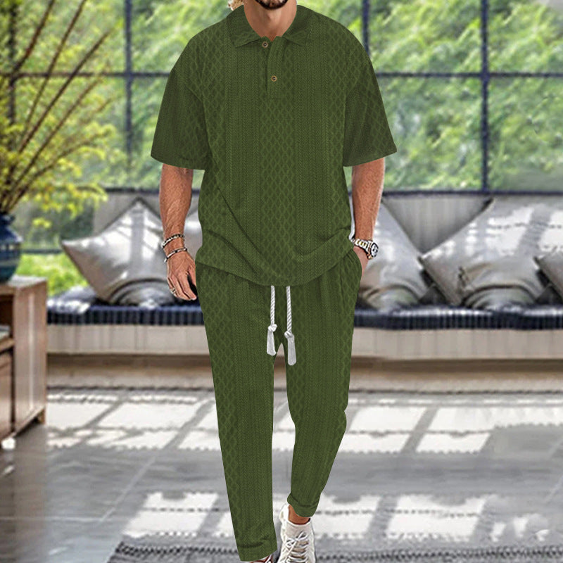 Herren nan Jacquard-Loungewear-Set mit Polokragen Kordelzugbund und konisch geschnittener Jogginghose R&B